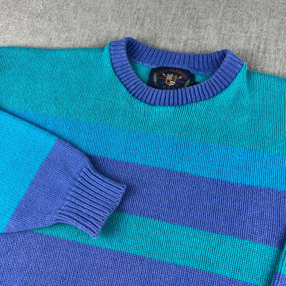 Vintage Lake Harmony Striped Sweater Mens Large Blue Teal Purple 90s Cotton Knit